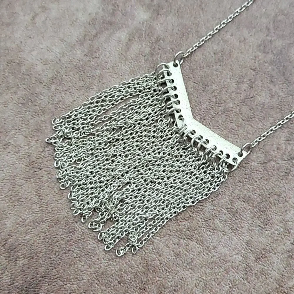 ZAD Silver Toned Bar & Fringe Necklace NEW